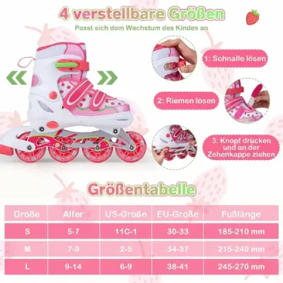 Detské inline korčule, 4 veľkosti, nastaviteľné inline korčule so svietiacimi kolieskami, ružové M