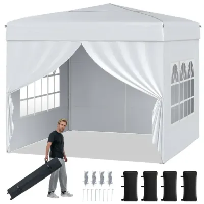 Skladací pavilón 3 x 3 m so 4 odnímateľnými bočnými panelmi, výškovo nastaviteľný v 3 smeroch, biely