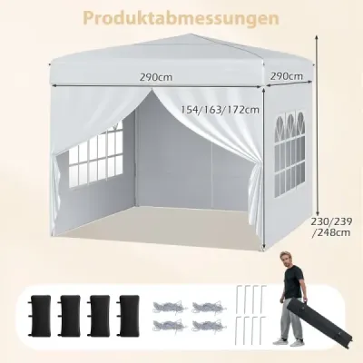 Skladací pavilón 3 x 3 m so 4 odnímateľnými bočnými panelmi, výškovo nastaviteľný v 3 smeroch, biely