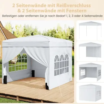 Skladací pavilón 3 x 3 m so 4 odnímateľnými bočnými panelmi, výškovo nastaviteľný v 3 smeroch, biely