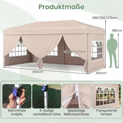 Skladací pavilón 3x6m s kovovým rámom, 6 bočnými panelmi a 6 vrecami s pieskom, záhradný pavilón, šedý