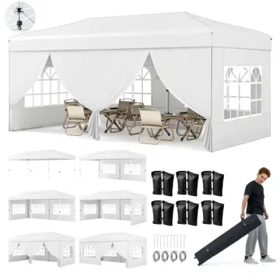 Skladací pavilón 3x6m s kovovým rámom, 6 bočnými panelmi a 6 vrecami s pieskom, záhradný pavilón, biely
