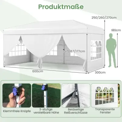 Skladací pavilón 3x6m s kovovým rámom, 6 bočnými panelmi a 6 vrecami s pieskom, záhradný pavilón, biely