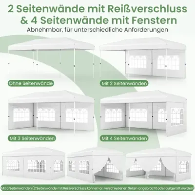 Skladací pavilón 3x6m s kovovým rámom, 6 bočnými panelmi a 6 vrecami s pieskom, záhradný pavilón, biely