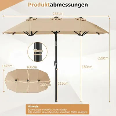 Dvojitý slnečník 300 x 160 cm obdĺžnikový slnečník s kľukou a 12 rebrami, záhradný slnečník béžový
