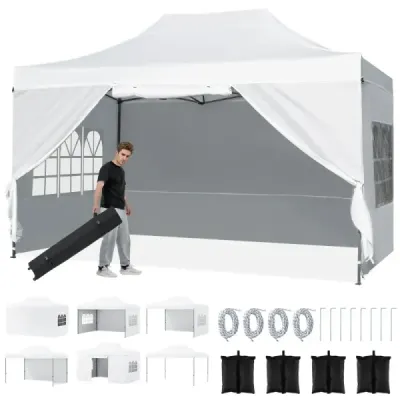 3 x 4,5 m rozkladací pavilón, vodotesný, skladací pavilón so 4 bočnými panelmi, kovový rám, biely