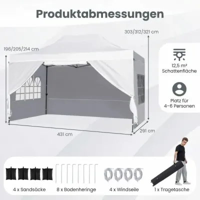 3 x 4,5 m rozkladací pavilón, vodotesný, skladací pavilón so 4 bočnými panelmi, kovový rám, biely