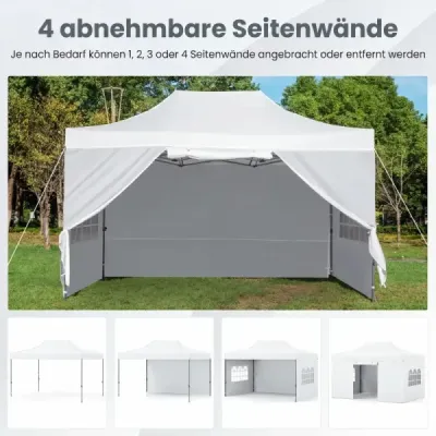 3 x 4,5 m rozkladací pavilón, vodotesný, skladací pavilón so 4 bočnými panelmi, kovový rám, biely