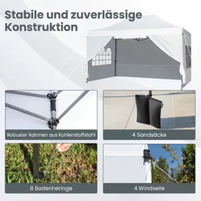 3 x 4,5 m rozkladací pavilón, vodotesný, skladací pavilón so 4 bočnými panelmi, kovový rám, biely