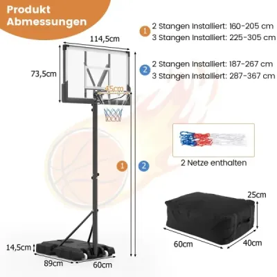 Outdoorový basketbalový kôš so stojanom a záťažovou taškou a basketbalovým stojanom s 2 sieťami