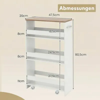 Úzky kuchynský vozík so šírkou 20 cm, 4 police, polica do výklenku na kolieskach, 47,5 x 20 x 80,5 cm, biela
