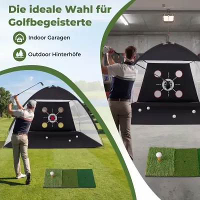 Tréningová golfová sieť s odpaľovacou podložkou, sada golfovej siete s terčom, 5 loptičkami, odpaliskom a úchytmi do zeme, 314 x 179 x 199 cm
