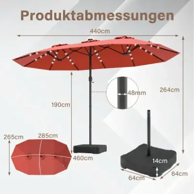 Dvojitý slnečník 460 x 285 cm, slnečník s LED osvetlením, kľukou a stojanom na slnečník, oranžový