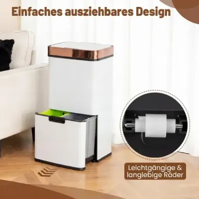 72-litrový odpadkový kôš z nehrdzavejúcej ocele s priehradkou na kuchynský odpad, 42 x 32–58 x 84–110 cm, zlatá+biela
