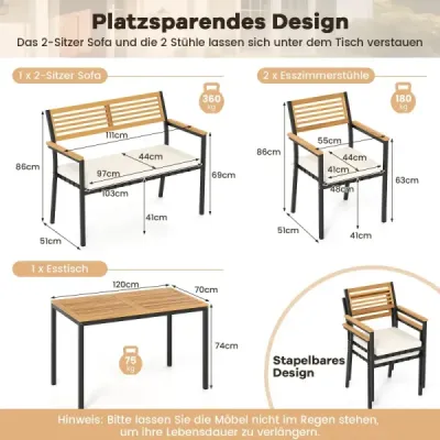 4-dielna záhradná súprava nábytku, jedálenská súprava z akáciového dreva s kovovou konštrukciou, balkónový nábytok so stolom, 2 stoličkami a lavicou