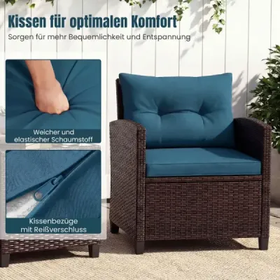 Záhradný ratanový nábytok, 3-dielny balkónový nábytok s 2 kreslami a stolom s doskou z bezpečnostného skla, pávia modrá