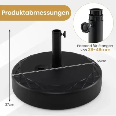 Podstavec slnečníka z HDPE, okrúhly podstavec slnečníka s rukoväťou pre tyče slnečníka 39-49 mm, čierny