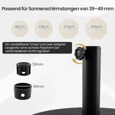 Podstavec slnečníka z HDPE, okrúhly podstavec slnečníka s rukoväťou pre tyče slnečníka 39-49 mm, čierny