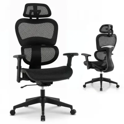 Ergonomická kancelárska stolička so sieťovinou, kancelárska stolička s nastaviteľnými podrúčkami a opierkou hlavy, čierna
