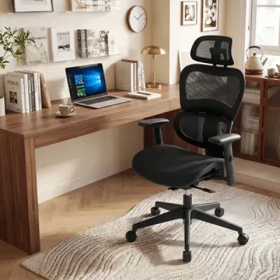 Ergonomická kancelárska stolička so sieťovinou, kancelárska stolička s nastaviteľnými podrúčkami a opierkou hlavy, čierna