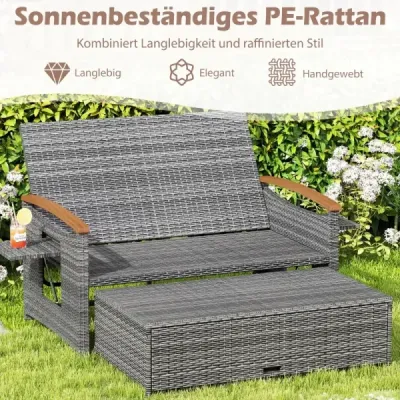 Záhradná ratanová lavička na vonkajšie použitie, 2-miestny balkónový nábytok a taburetka s úložným priestorom, béžová