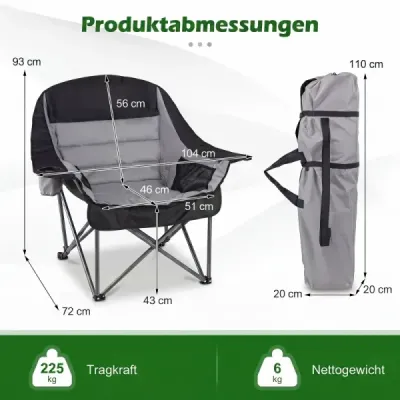 Skladacie kempingové kreslo – čalúnené skladacie kreslo s držiakom na nápoje, nosnosť až 225 kg, šedé