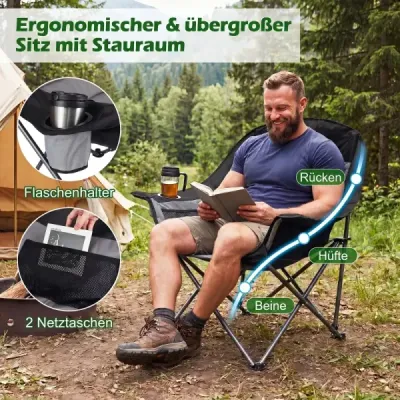 Skladacie kempingové kreslo – čalúnené skladacie kreslo s držiakom na nápoje, nosnosť až 225 kg, šedé