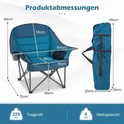 Skladacie kempingové kreslo – čalúnené skladacie kreslo s držiakom na nápoje, nosnosť až 225 kg, modré