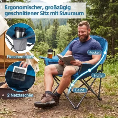 Skladacie kempingové kreslo – čalúnené skladacie kreslo s držiakom na nápoje, nosnosť až 225 kg, modré