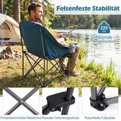 Skladacie kempingové kreslo – čalúnené skladacie kreslo s držiakom na nápoje, nosnosť až 225 kg, modré