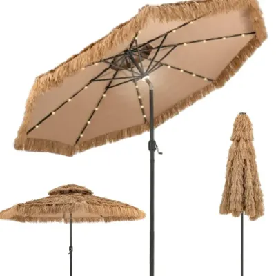 Slnečník Hawaii 300 cm slamený slnečník s LED solárnym osvetlením a dvojitou strieškou nature+black