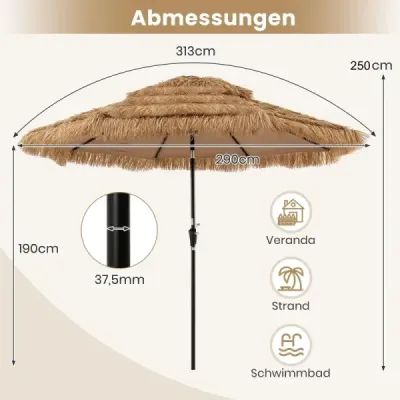 Slnečník Hawaii 300 cm slamený slnečník s LED solárnym osvetlením a dvojitou strieškou nature+black