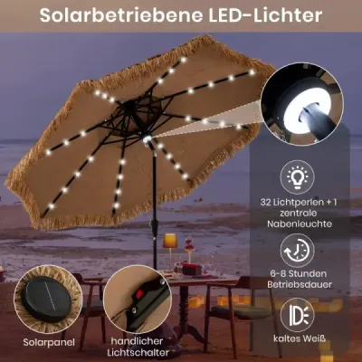 Slnečník Hawaii 300 cm slamený slnečník s LED solárnym osvetlením a dvojitou strieškou nature+black