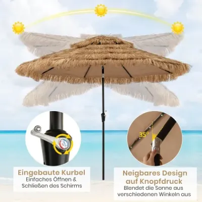 Slnečník Hawaii 300 cm slamený slnečník s LED solárnym osvetlením a dvojitou strieškou nature+black