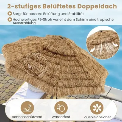 Slnečník Hawaii 300 cm slamený slnečník s LED solárnym osvetlením a dvojitou strieškou nature+black