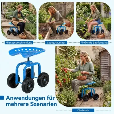 Záhradný vozík na kolieskach – pojazdná pracovná stolička s otočným sedadlom o 360° a nastaviteľnou výškou – modrá