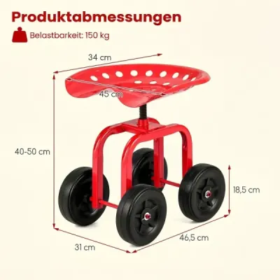 Záhradný vozík na kolesách – pojazdné pracovné kreslo s otočným sedadlom o 360° a nastaviteľnou výškou, červené
