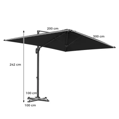 300 x 200 cm Obdĺžnikový slnečník, sklopný slnečník s kľukou, nožným pedálom a krížovou základňou, sivý