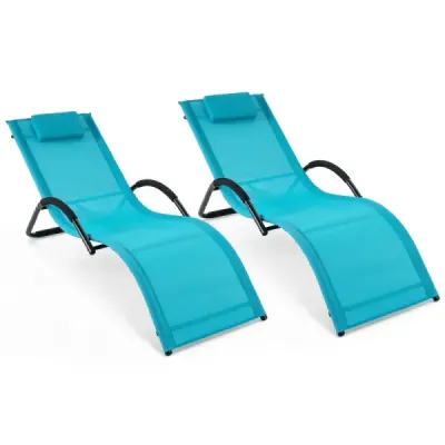 Sada 2 ks ergonomických záhradných ležadiel s odnímateľným vankúšom pod hlavu, nosnosť až 160 kg, modrá farba