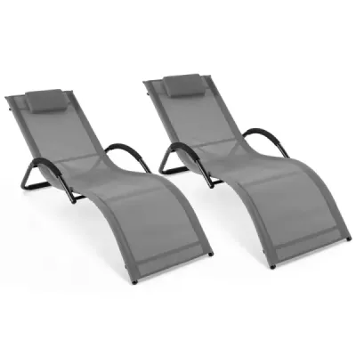 Sada 2 ks ergonomických záhradných ležadiel s odnímateľným vankúšom pod hlavu, nosnosť až 160 kg, šedá farba