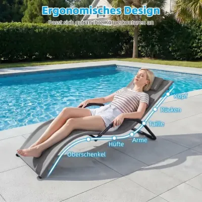 Sada 2 ks ergonomických záhradných ležadiel s odnímateľným vankúšom pod hlavu, nosnosť až 160 kg, šedá farba
