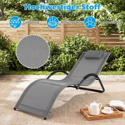 Sada 2 ks ergonomických záhradných ležadiel s odnímateľným vankúšom pod hlavu, nosnosť až 160 kg, šedá farba