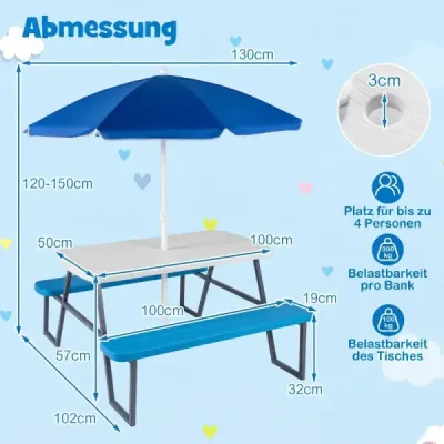 Detská sedenie z HDPE – detský piknikový stôl s 2 lavicami a výškovo nastaviteľným a odnímateľným slnečníkom