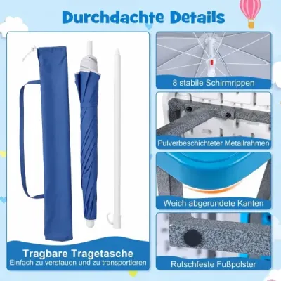 Detská sedenie z HDPE – detský piknikový stôl s 2 lavicami a výškovo nastaviteľným a odnímateľným slnečníkom