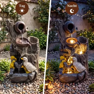 4-stupňová záhradná fontána s LED osvetlením Dekoratívna fontána s motívom kačiek 30 x 27 x 57 cm
