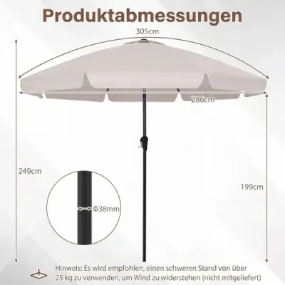 Slnečník 286 cm, záhradný slnečník s kľukou a sklonom 30°, balkónový slnečník, béžový
