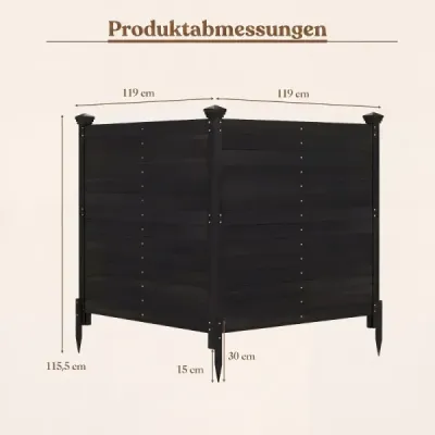 Ochranný plot, 2-dielny, 119 x 119 cm, záhradný plot z jedľového dreva, vonkajší drevený plot s 3 kolíkmi, čierny