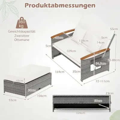 Ratanová záhradná lavica do exteriéru, 2-miestna, balkónový nábytok a taburetka s úložným priestorom, biela