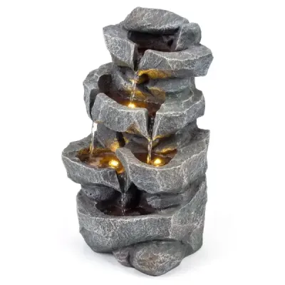 Záhradná fontána s LED osvetlením, 5-stupňová fontána z umelej živice s tichým čerpadlom, rozmery 29,5 x 21 x 47 cm