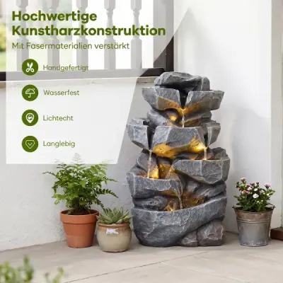 Záhradná fontána s LED osvetlením, 5-stupňová fontána z umelej živice s tichým čerpadlom, rozmery 29,5 x 21 x 47 cm